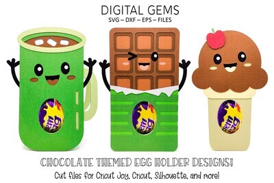 3 egg holder designs, Hot chocolate, Chocolate bar and Ice cream