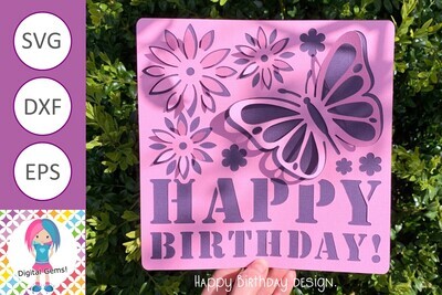 3D Happy Birthday Butterfly and flower design.