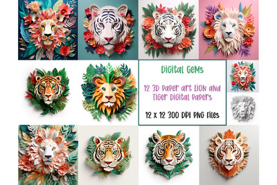 ​3D Lion and Tiger digital papers.