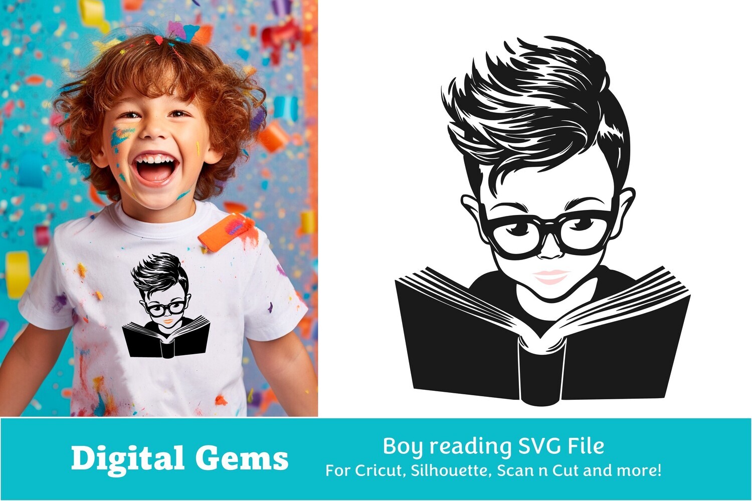 A boy reading SVG File. Files for Cricut, Silhouette, etc
