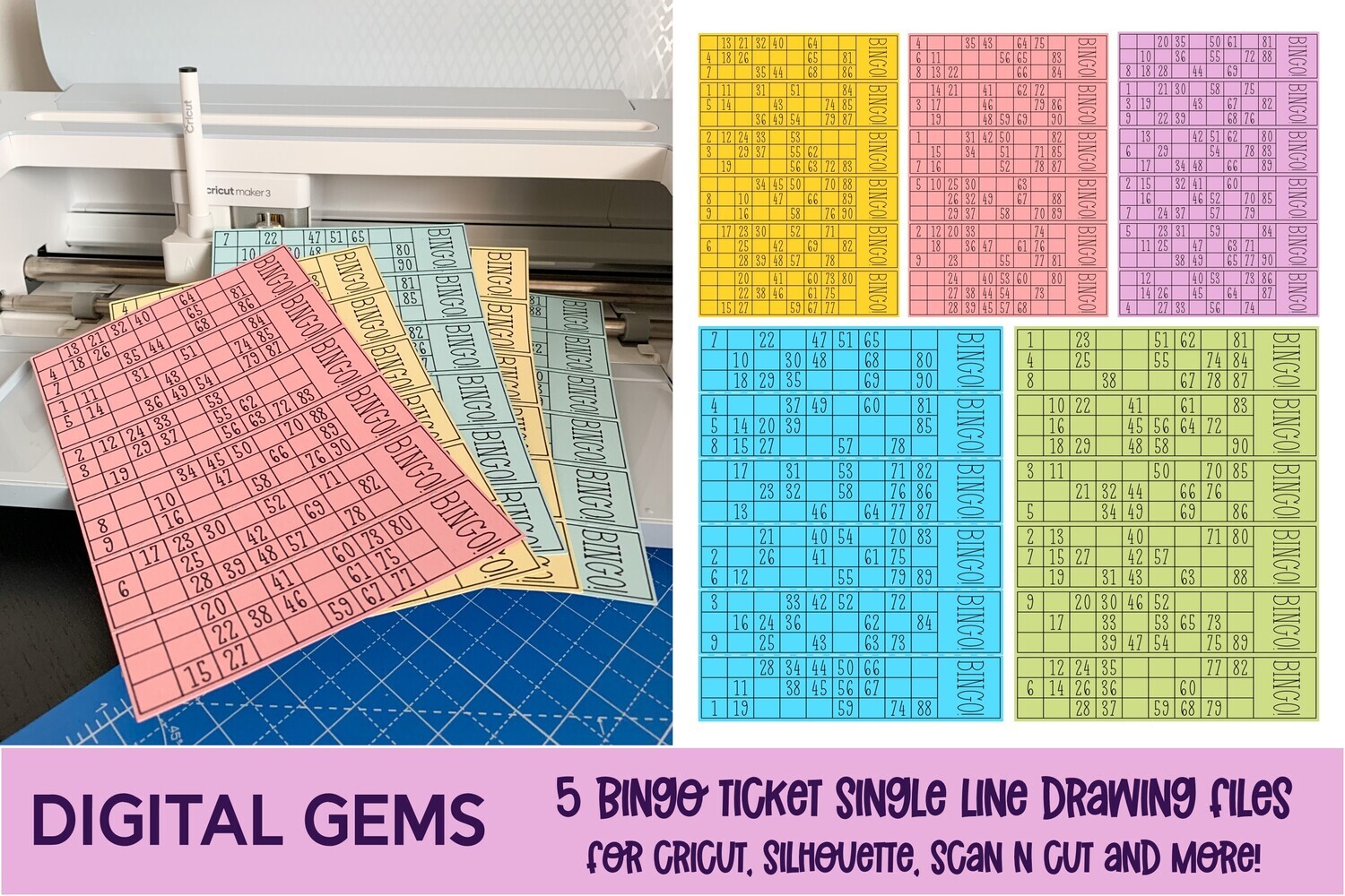 Bingo Tickets. 5 Strips of Single line drawing designs.