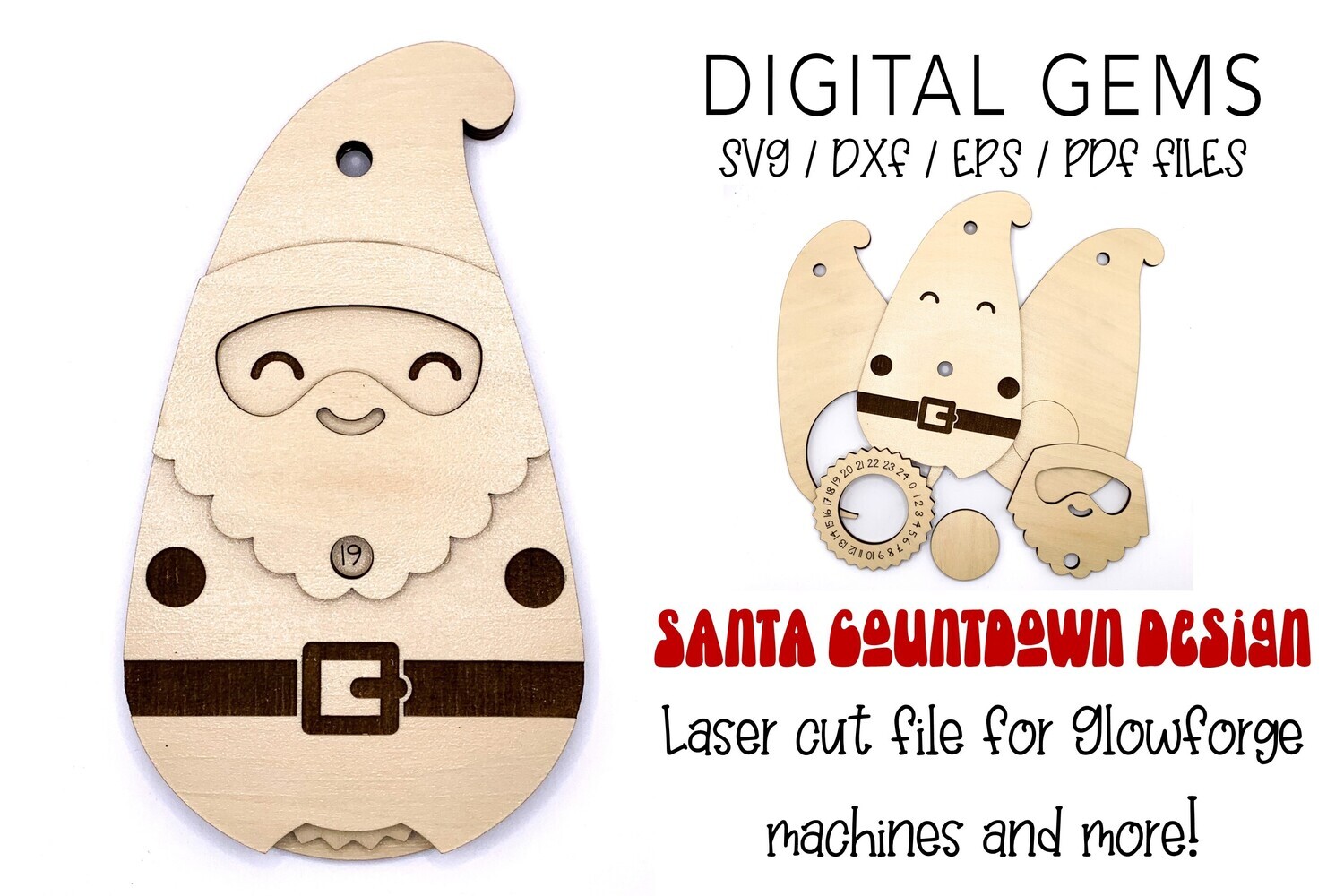 Santa countdown to Christmas laser cut design for glowforge machines and more