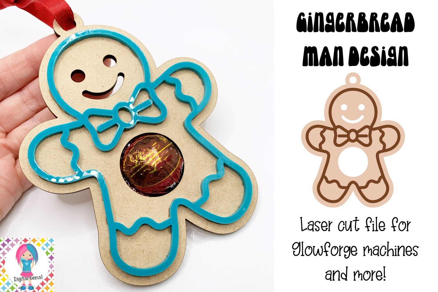 Gingerbread man sweet holder ornament design for Glowforge laser cutters and more