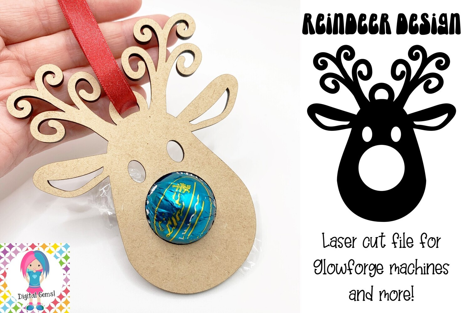 Reindeer sweet holder ornament design for Glowforge laser cutters and more