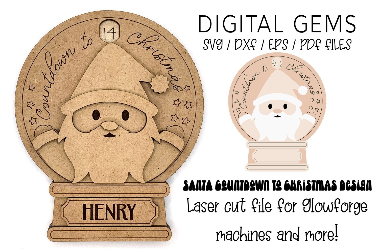 Countdown to Christmas. Santa laser cut design for Glowforge machines and more
