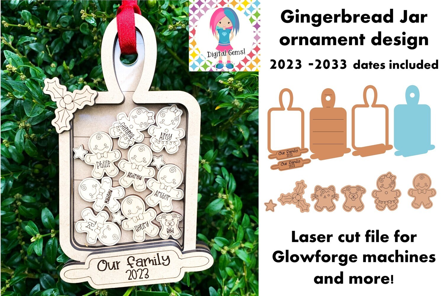 Gingerbread men on cutting board ornament laser cut design for Glowforge machines and more