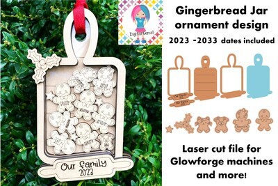 Gingerbread men on cutting board ornament laser cut design for Glowforge machines and more