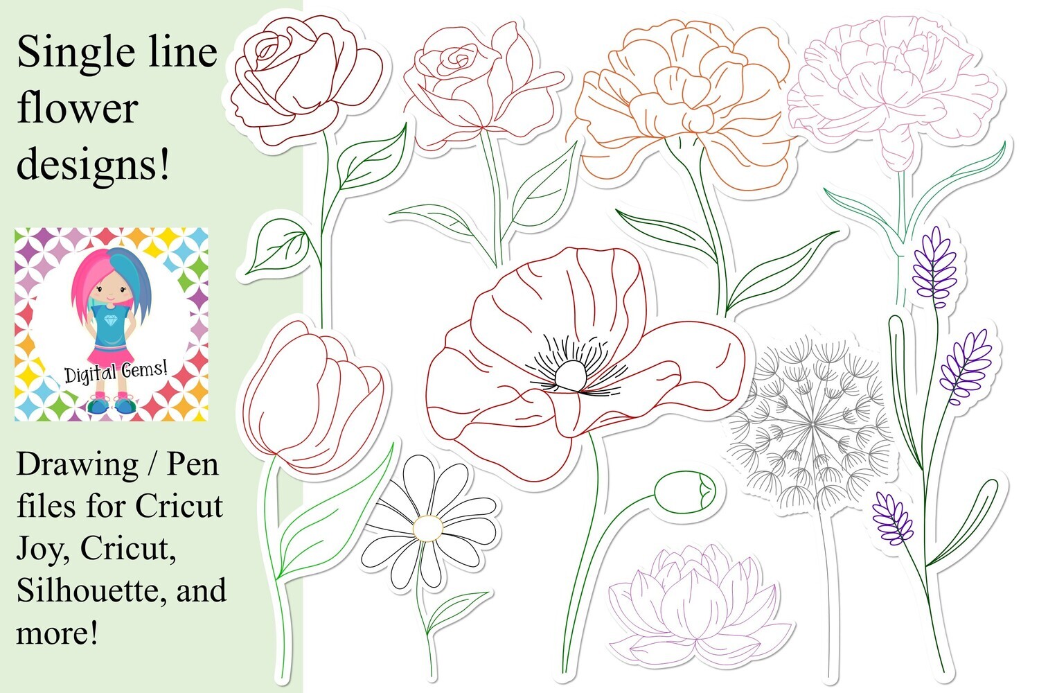Single line flower drawing designs. 10 designs included.