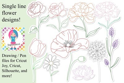 Single line flower drawing designs. 10 designs included.
