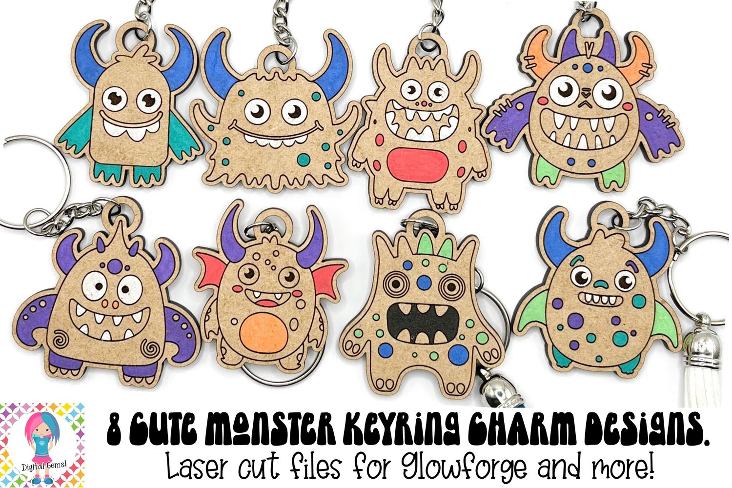 Monster keyring charms, 8 laser files included.