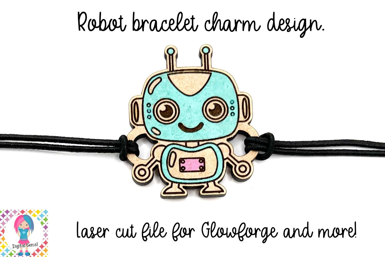 Robot bracelet charm, laser cutting file for glowforge and more.