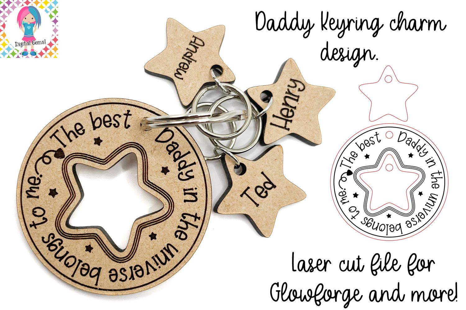 Daddy keyring charm design, laser SVG. Works with Glowforge and more!