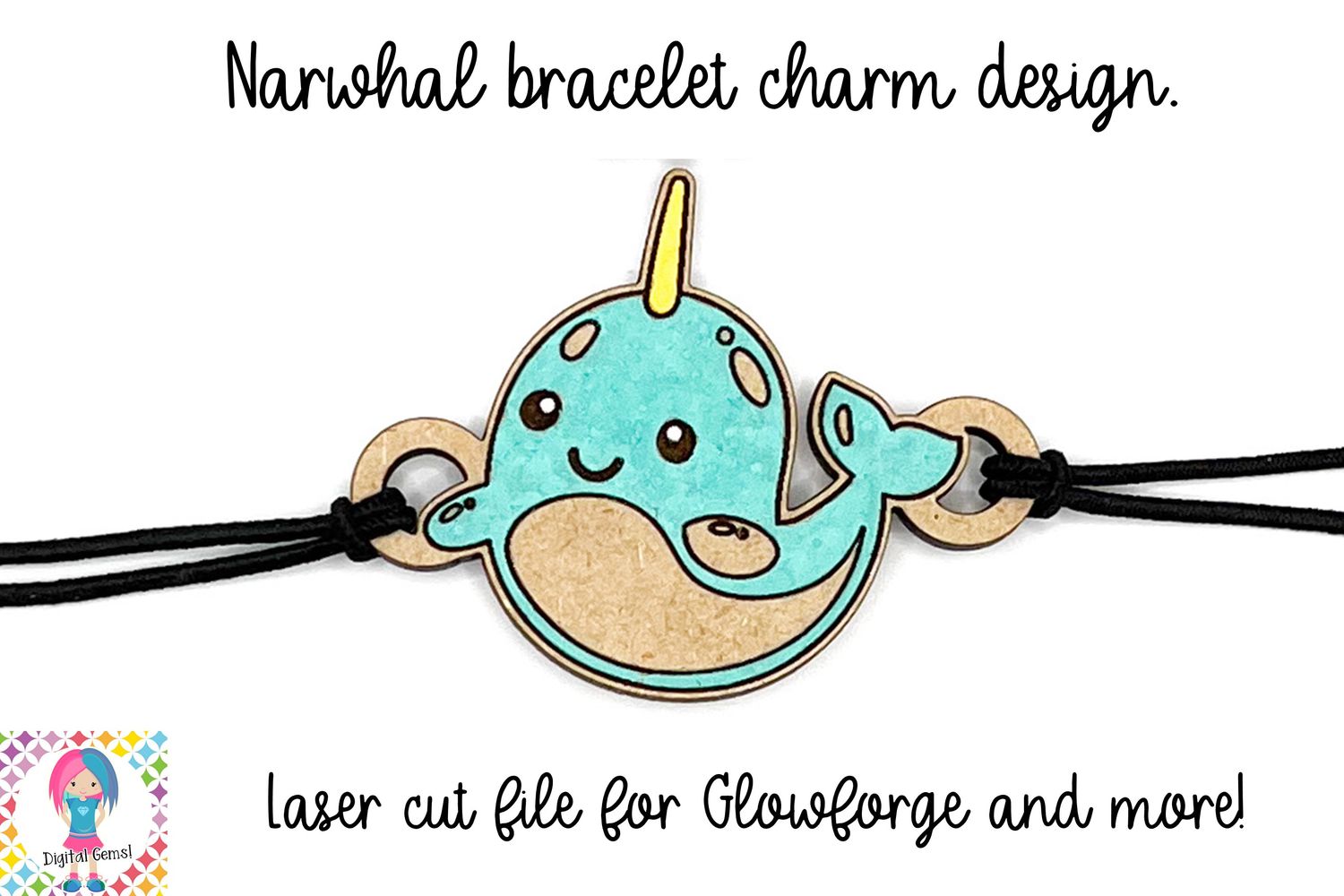 Narwhal bracelet charm, laser cutting file for glowforge and more.