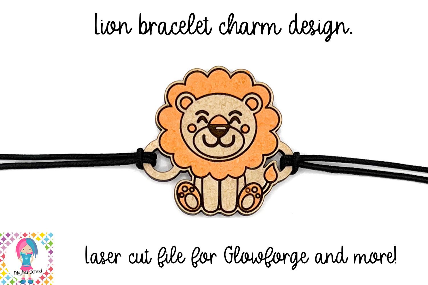 Lion bracelet charm, laser cutting file for glowforge and more.