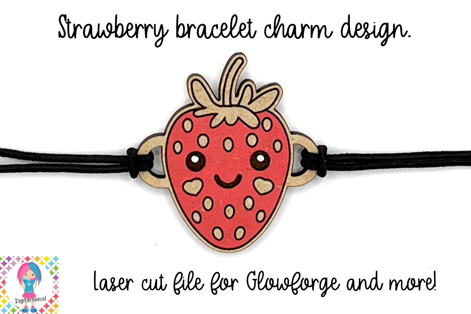 Strawberry bracelet charm, laser cutting file for glowforge and more.