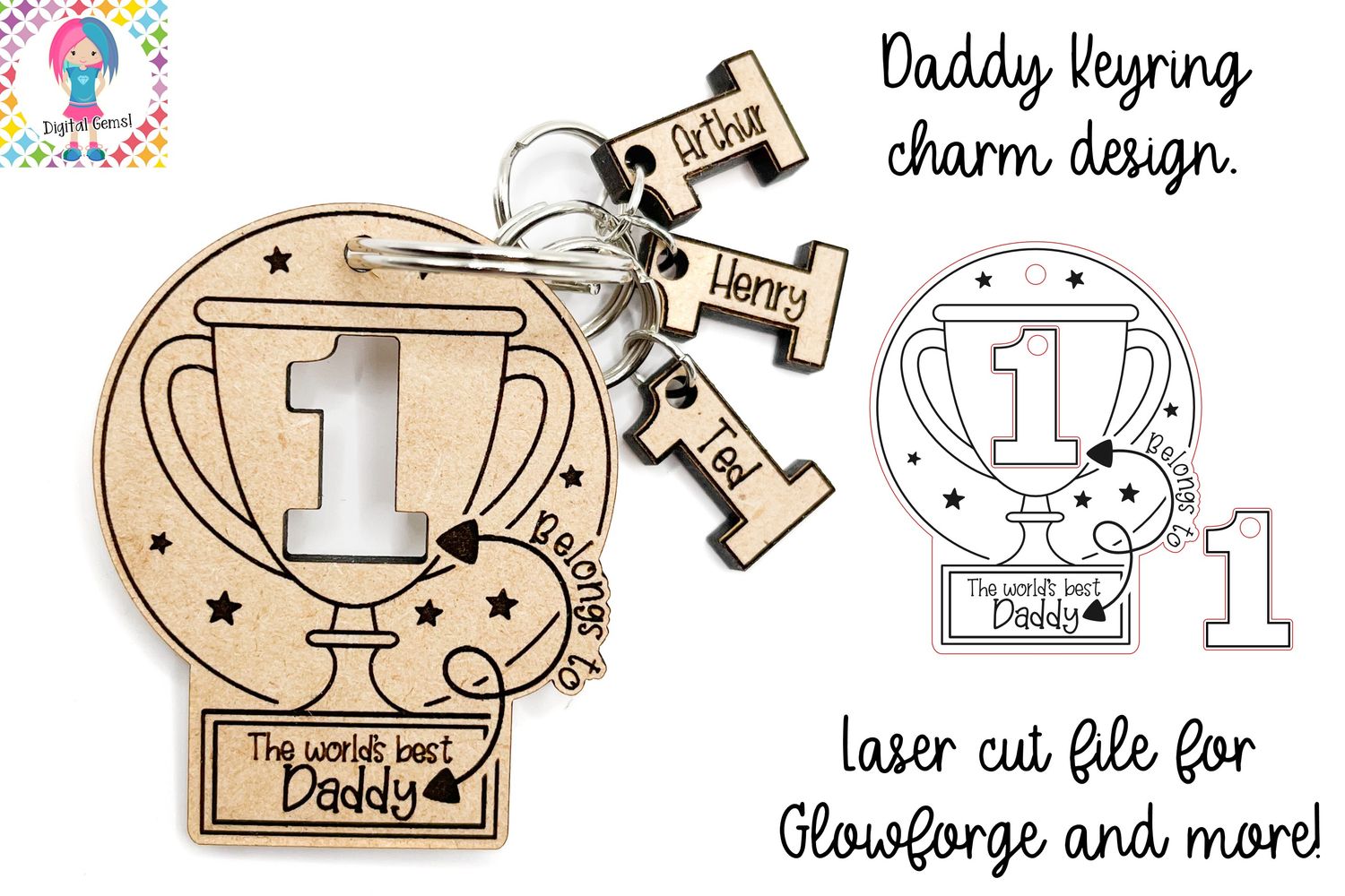 Daddy keyring charm design, laser SVG. Works with Glowforge and more!