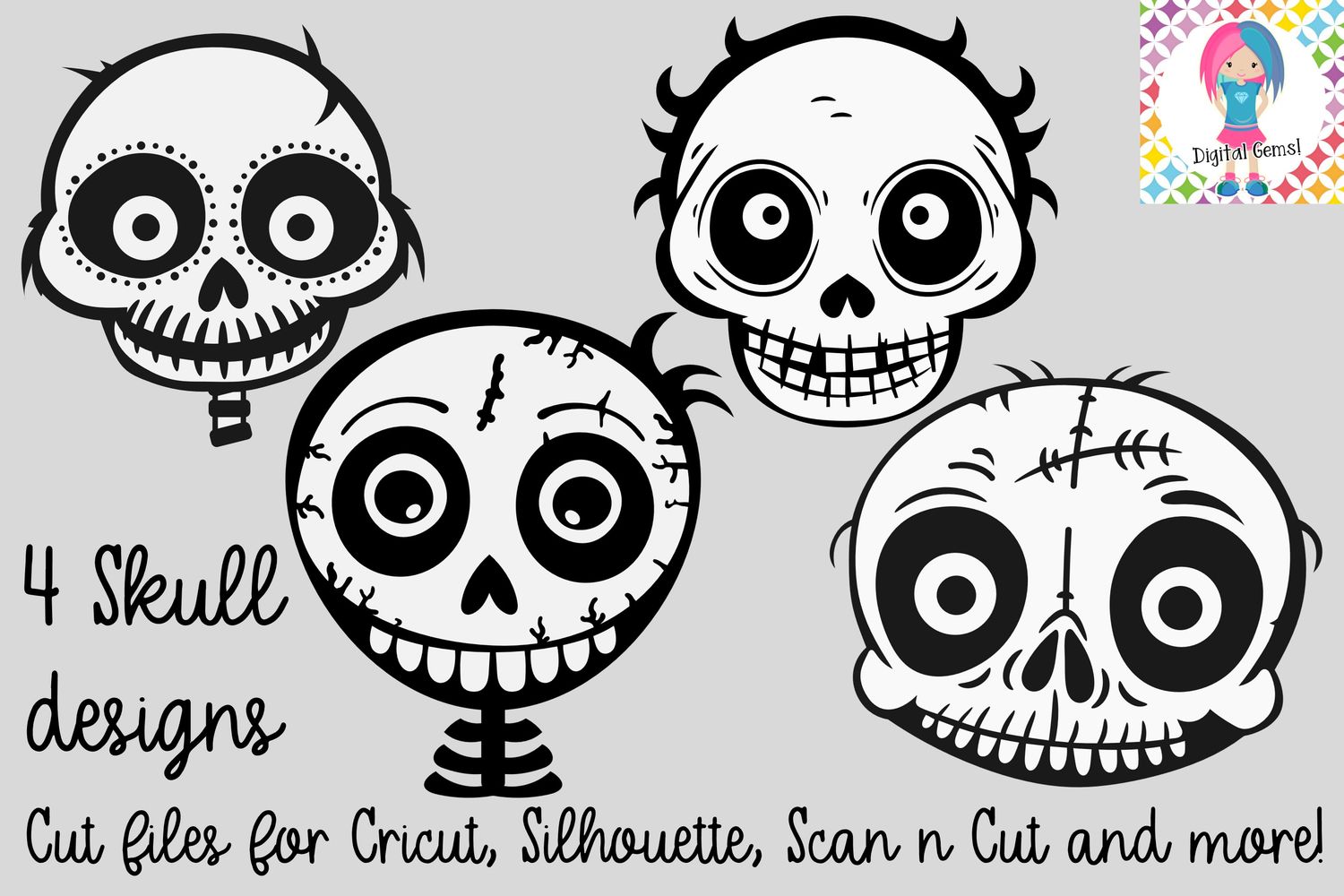 Set of 4 Skull Designs - Digital Download for Vinyl &amp; HTV Cutting, Perfect for DIY Crafts