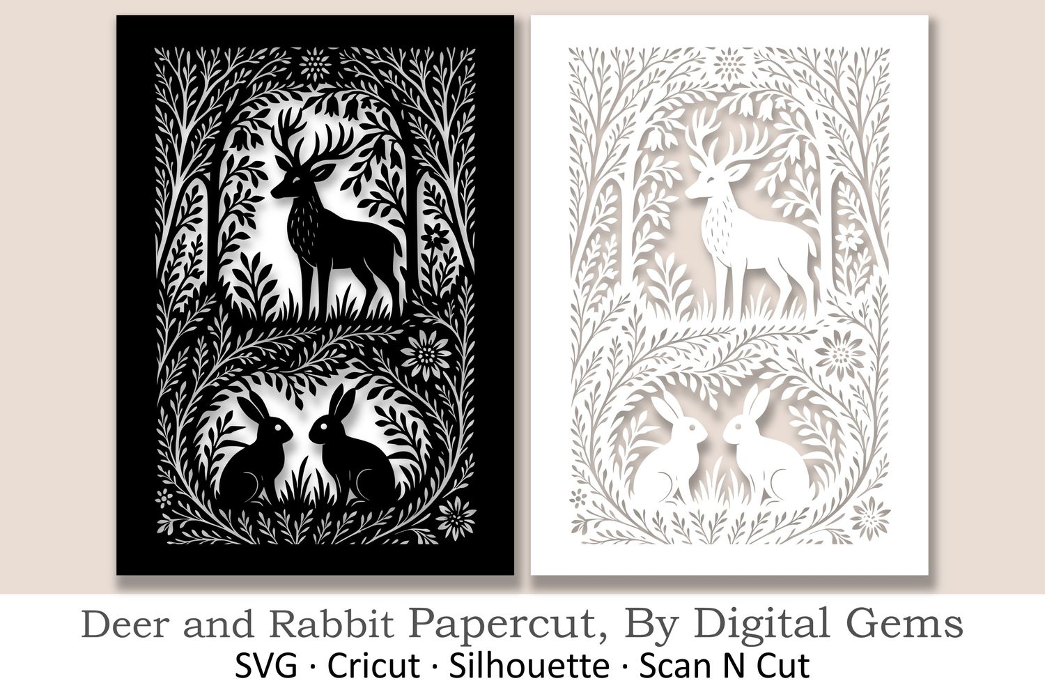 Woodland Deer &amp; Bunnies Papercut Template | SVG DXF EPS for Cricut &amp; Silhouette | Forest Animal Paper Cutting Design
