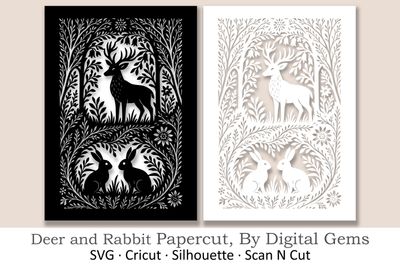 Woodland Deer &amp; Bunnies Papercut Template | SVG DXF EPS for Cricut &amp; Silhouette | Forest Animal Paper Cutting Design