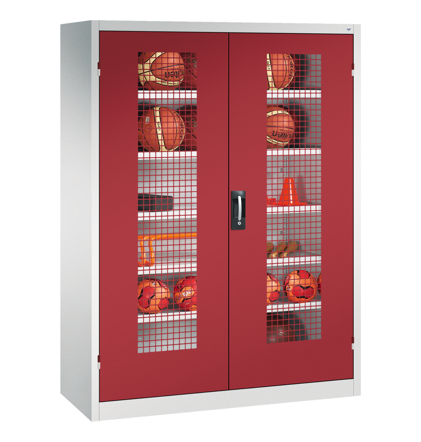 Ballschrank TYP III mit 2 Lochblech-Flügeltüren (195 x 150 x 50 cm) - verschiedene Farben, Türfarbe: runbinrot, Korpusfarbe: Lichtgrau