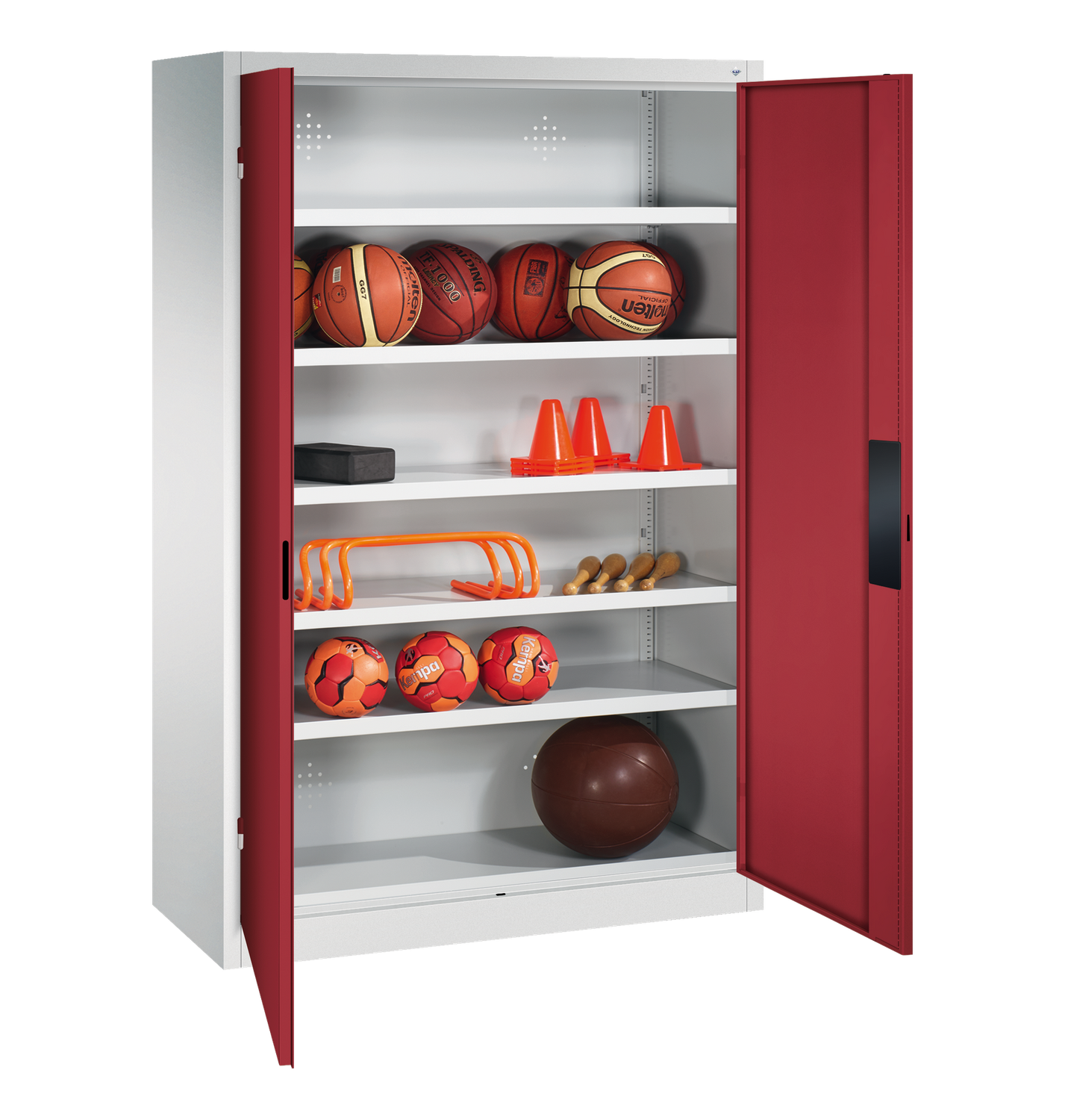 Ballschrank TYP III mit 2 Vollblech-Flügeltüren (195 x 150 x 50 cm) - verschiedene Farben, Türfarbe: runbinrot, Korpusfarbe: Lichtgrau