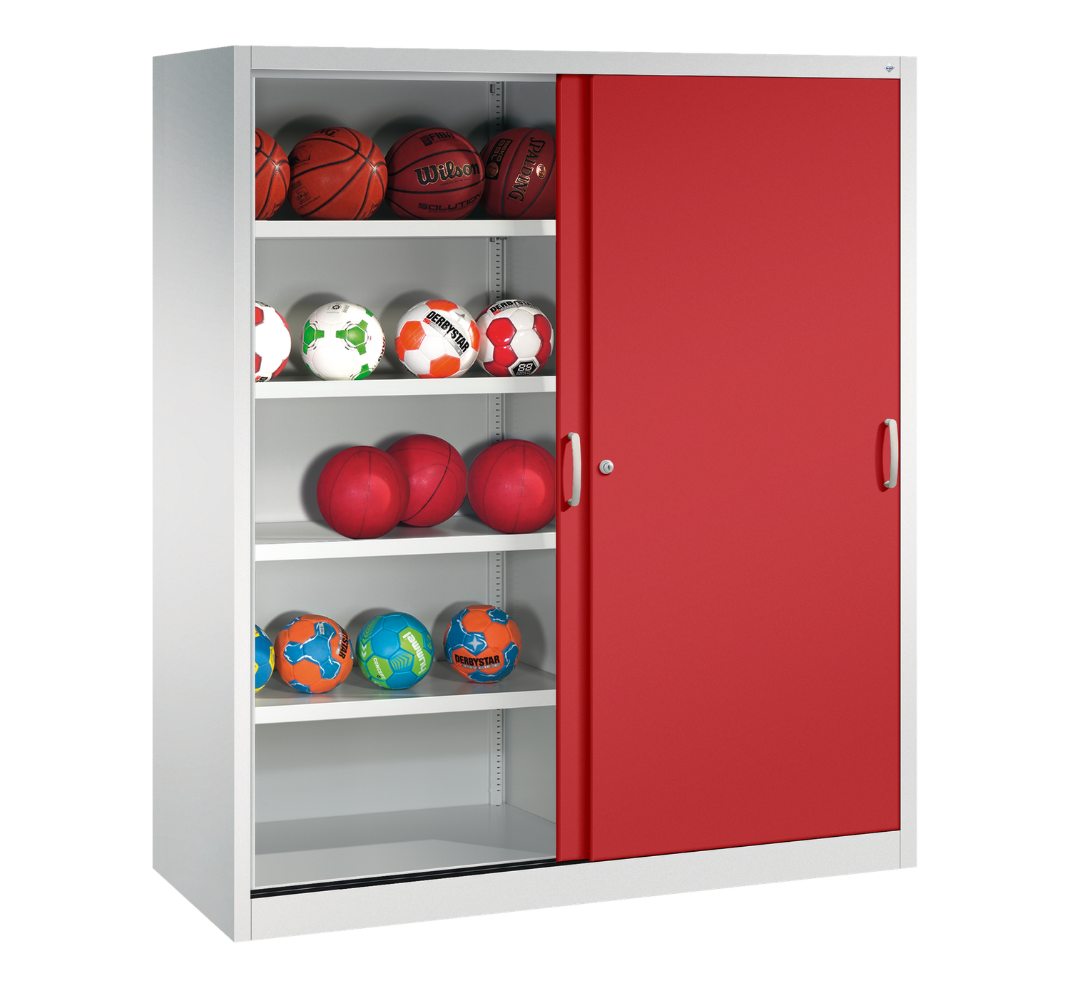 Ballschrank TYP IV mit 2 Vollblech-Schiebetüren (195 x 190 x 60 cm) - verschiedene Farben, Türfarbe: runbinrot, Korpusfarbe: Lichtgrau