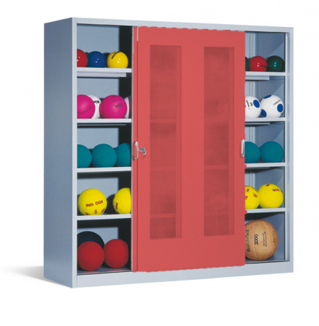 Ballschrank TYP IV mit 2 Lochblech-Schiebetüren (195 x 190 x 60 cm) - verschiedene Farben, Türfarbe: runbinrot, Korpusfarbe: Lichtgrau