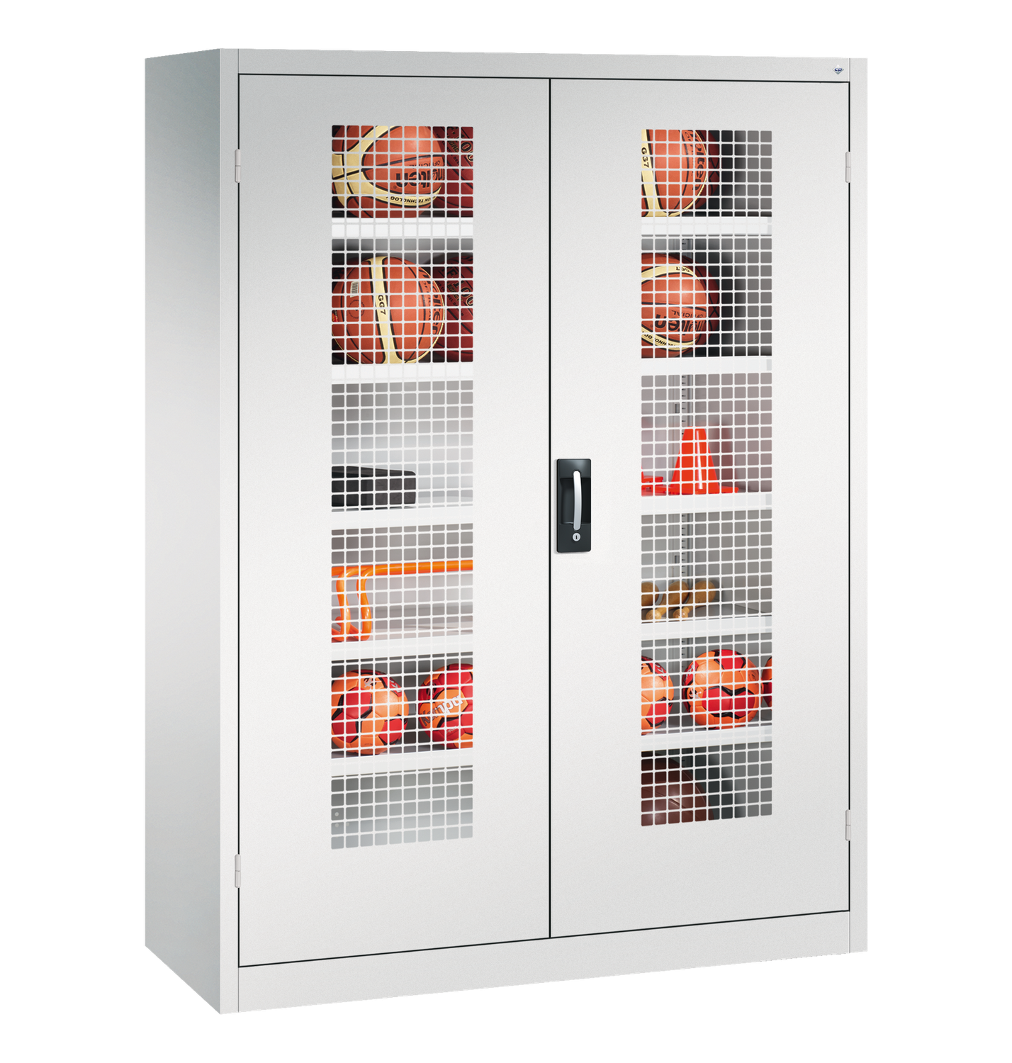 Ballschrank TYP III mit 2 Lochblech-Flügeltüren (195 x 150 x 50 cm) - verschiedene Farben Ballschrank TYP III mit 2 Lochblech-Flügeltüren (195 x 150 x 50 cm) - verschiedene Farben