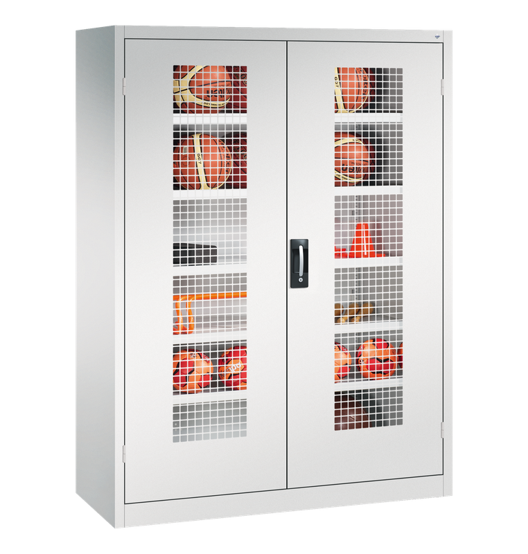 Ballschrank TYP III mit 2 Lochblech-Flügeltüren (195 x 150 x 50 cm) - verschiedene Farben Ballschrank TYP III mit 2 Lochblech-Flügeltüren (195 x 150 x 50 cm) - verschiedene Farben