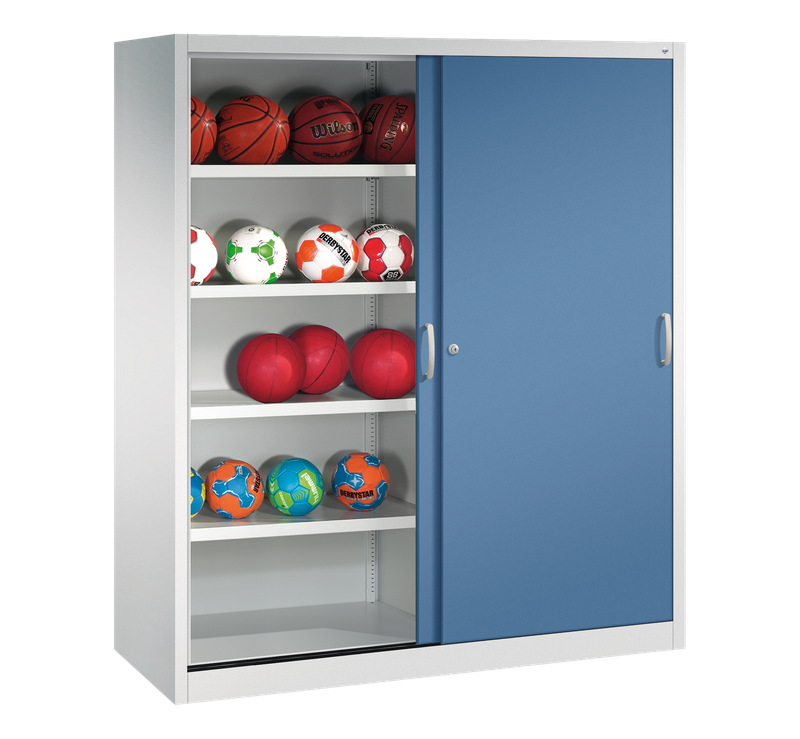 Ballschrank TYP IV mit 2 Vollblech-Schiebetüren (195 x 190 x 60 cm) - verschiedene Farben Ballschrank TYP IV mit 2 Vollblech-Schiebetüren (195 x 190 x 60 cm) - verschiedene Farben