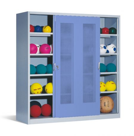 Ballschrank TYP IV mit 2 Lochblech-Schiebetüren (195 x 190 x 60 cm) - verschiedene Farben Ballschrank TYP IV mit 2 Lochblech-Schiebetüren (195 x 190 x 60 cm) - verschiedene Farben