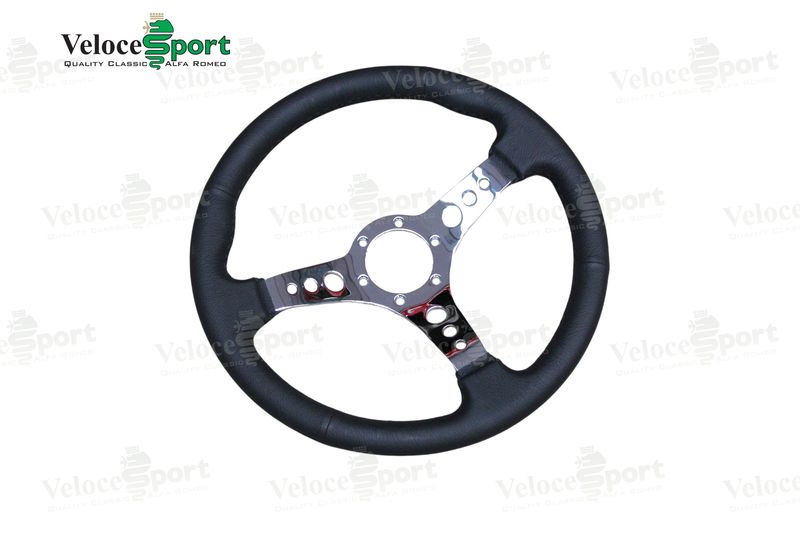 Black Leather Steering Wheel with Chromed Spokes - 360mm