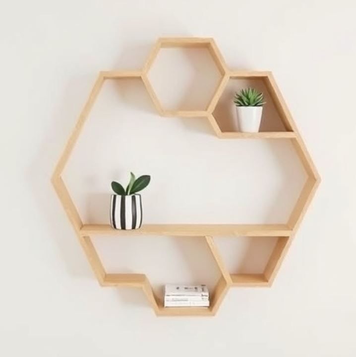 Wooden Wall Shelf Hexagon Shape - Small Decor| Plants| Books
