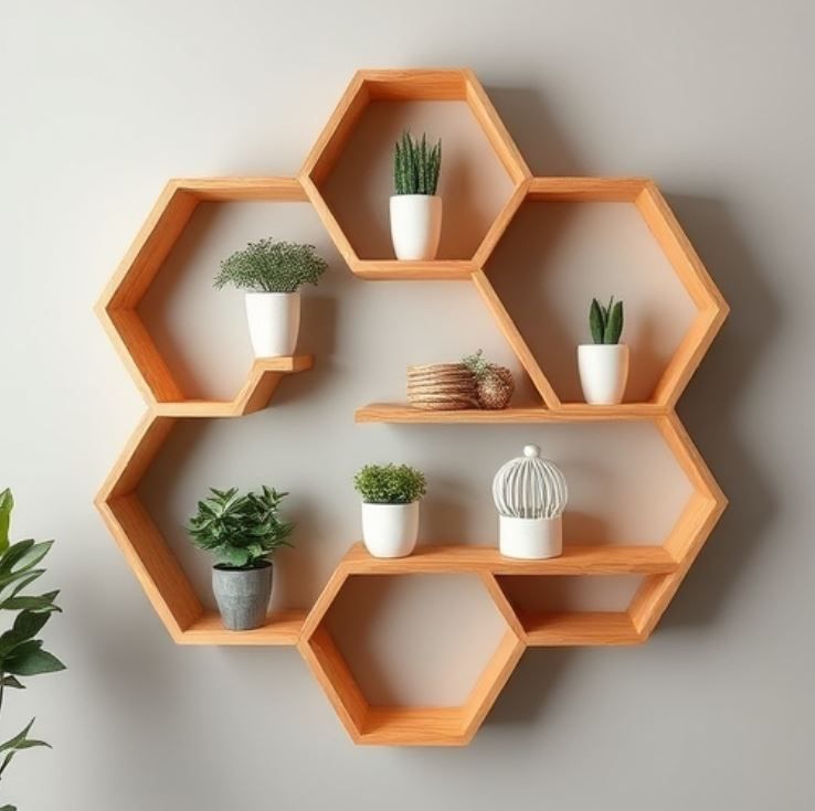 Wooden Wall Shelf Hexagon Shape - Small Decor| Plants| Books