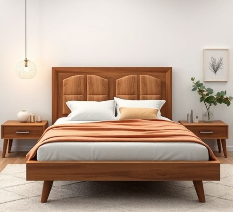 Modern Solid Walnut and Maple Bed Frame