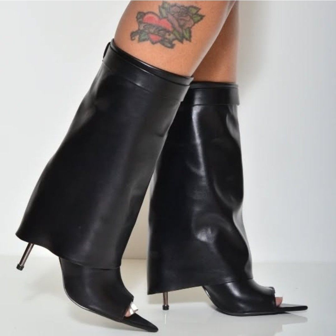 Mid-High Peeptoe Stiletto Boots-Black