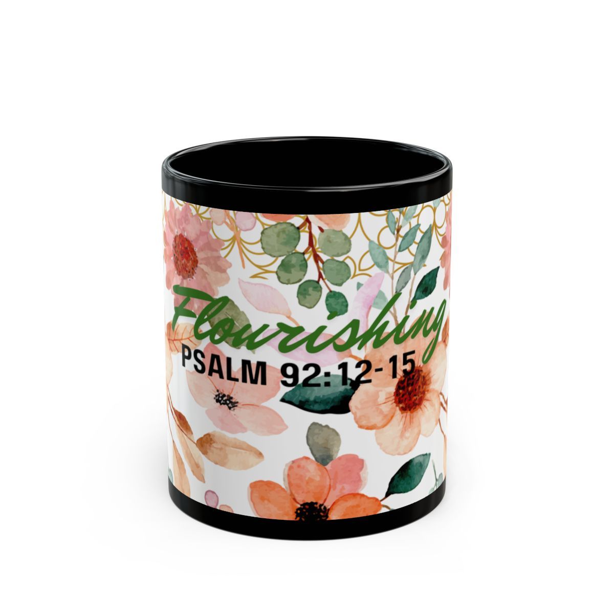 Flourishing Black Mug (11oz, 15oz) (Floral Peach)