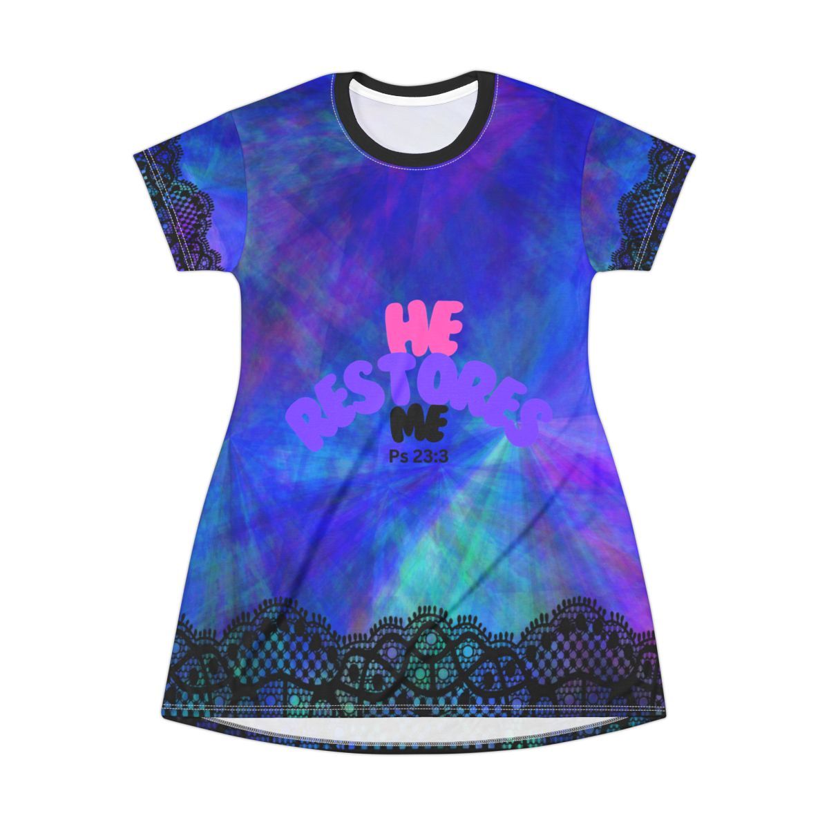 He Restores Me Womens  T-Shirt Dress (blue), Sizes: XS