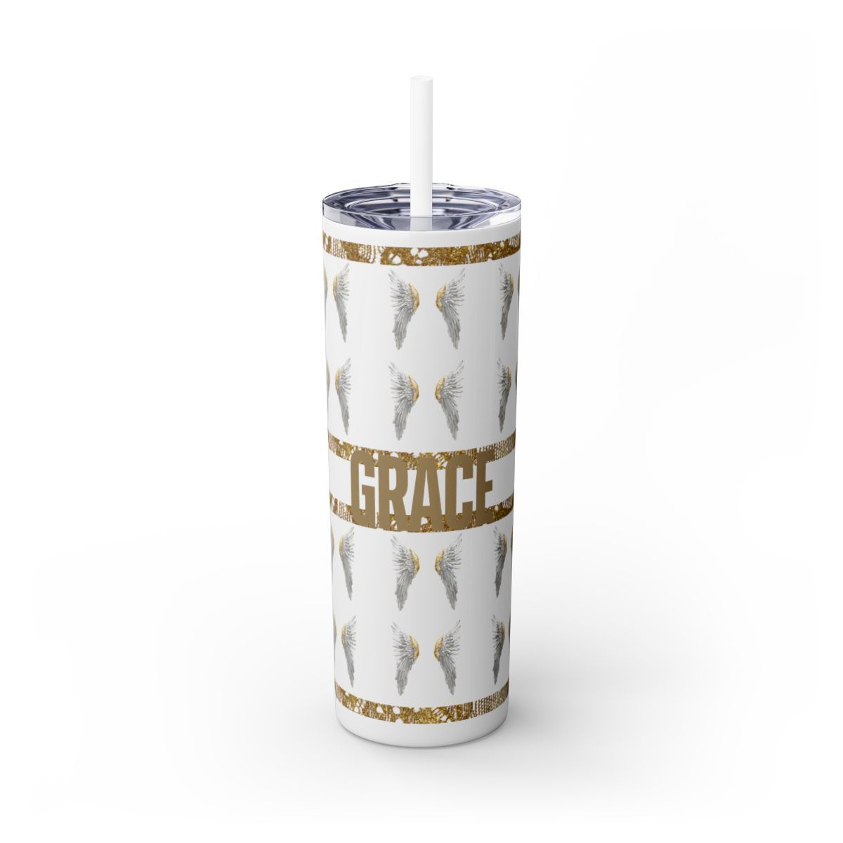 Grace Golden Angel Skinny Tumbler with Straw, 20oz, Colors: White, Size: 20oz, Finish: Glossy