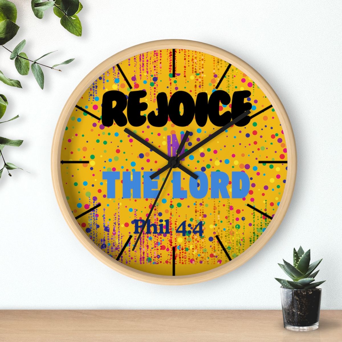 Rejoice Wall Clock (Yellow ) 19 colors, Base colors: Wooden Base, Hand colors: Black, Size: 10&quot;