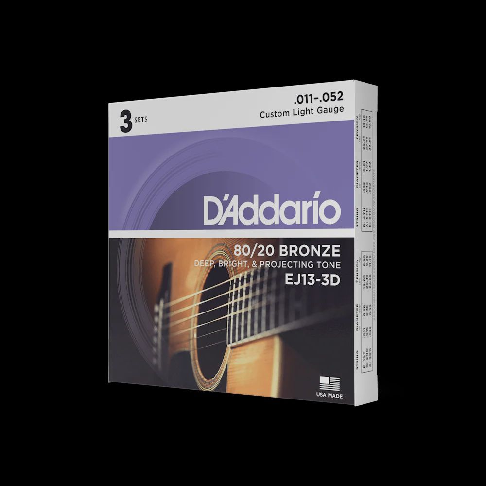 Daddario 11-52 Custom Light, 80/20 Bronze Acoustic Guitar Strings 3-Pack