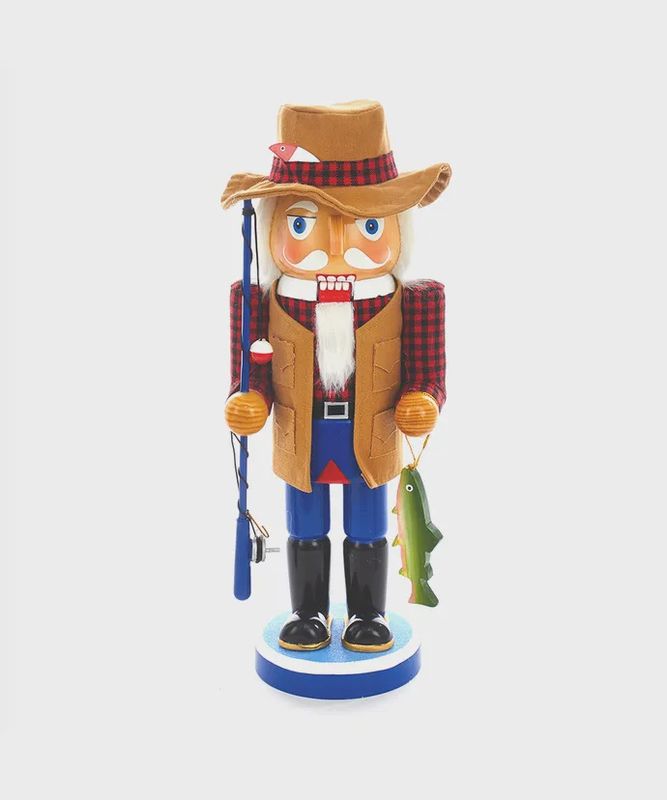 12&quot; WOODEN FISHING MAN NUTCRACKER