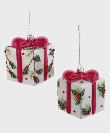 PRESENT DECORATED W/HOLLY ORN