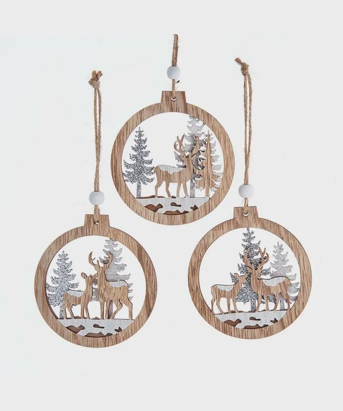 WOODEN CHRISTMAS DEER/TREE ORN