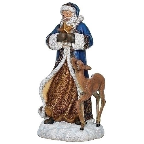 BLUE SANTA &amp; DEER FIGURINE