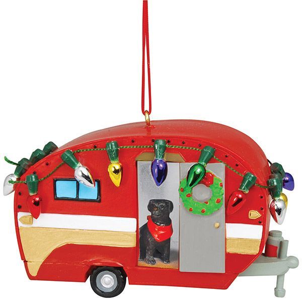 CAMPER W/DOG &amp; LIGHTS ORN