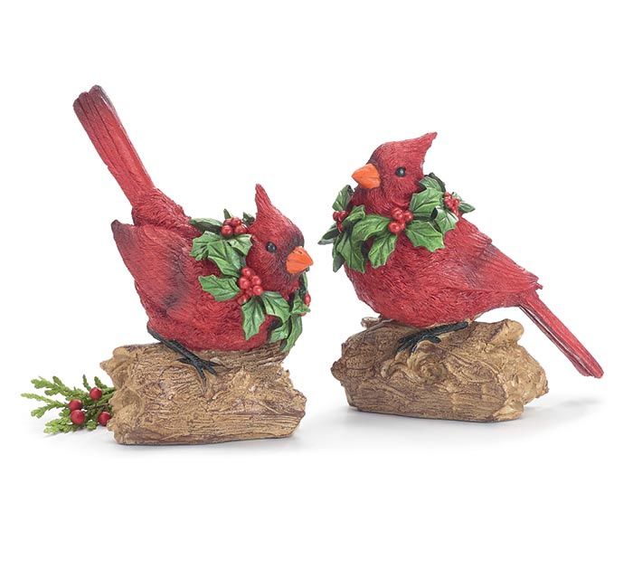 CARDINAL PERCHED ON LOG FIGURINE