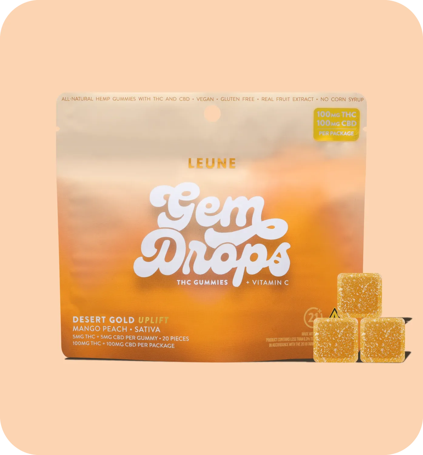 Leune Gummies (9/D) Gem Drops Desert Gold Uplift MANGO PEACH 200mg 20ct