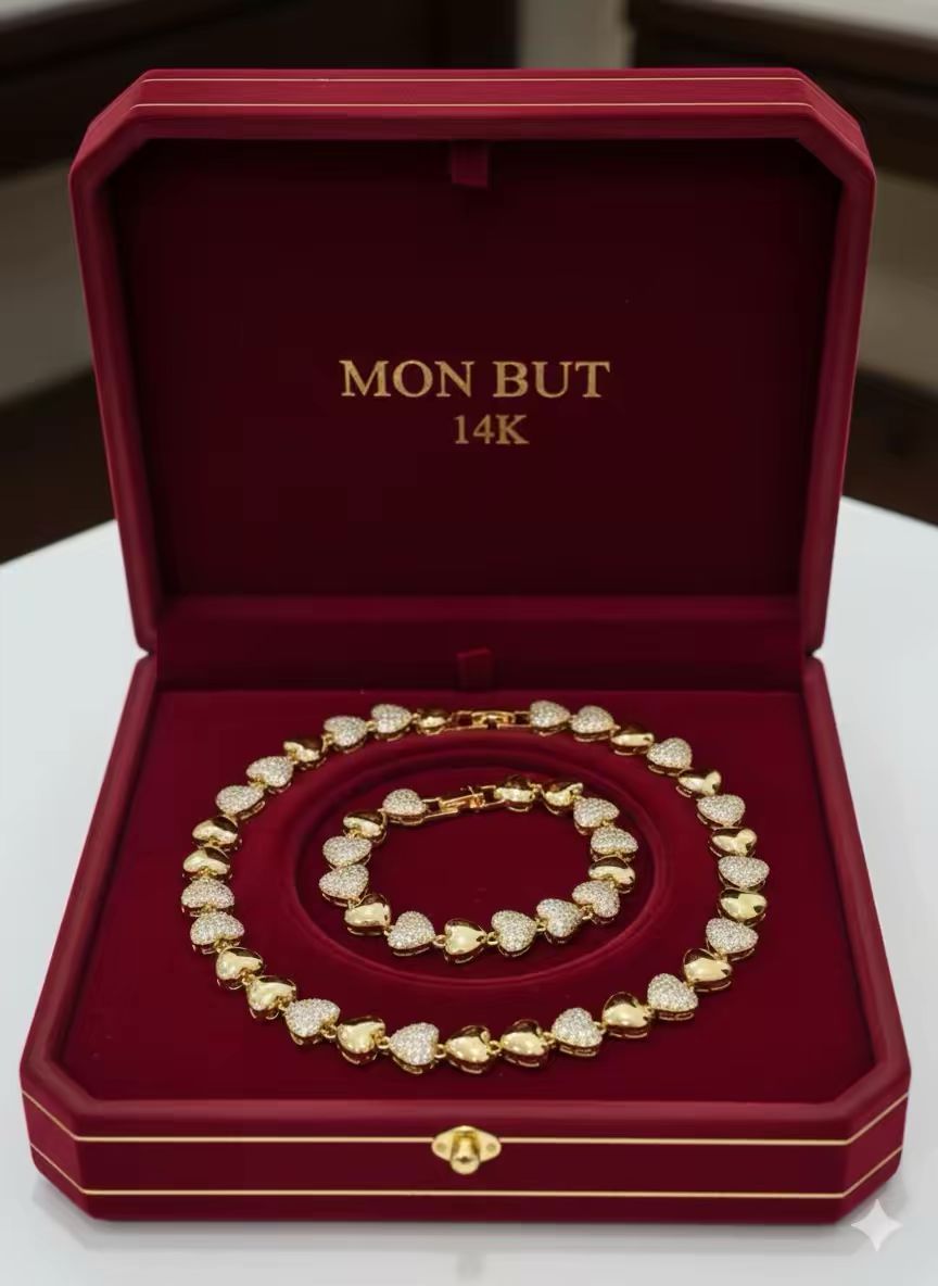 Juego cadena y pulsera corazón piedra laminado 14k