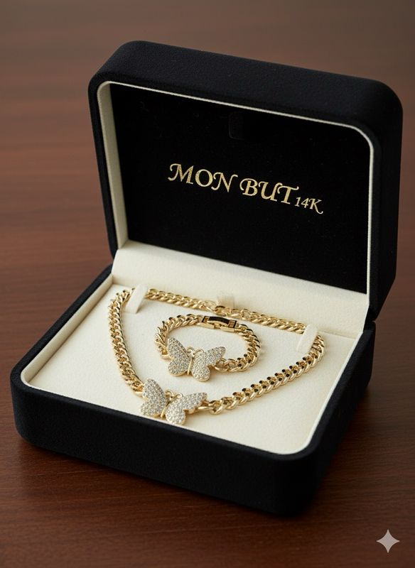 Juego de cadena y pulsera mariposa 14k